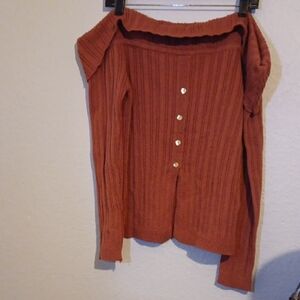 Eloquii Off-the-Shoulder Sweater in Rust with Gold Buttons